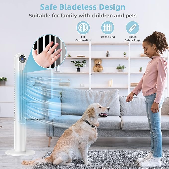 GOFLAME Tower Fan with Remote Control, 42" 80° Oscillating Quiet Cooling Fan with 3 Wind Modes, LED Control Panel and 12H Timer, Portable Bladeless Standing Fan for Bedroom Living Room Office (White)
