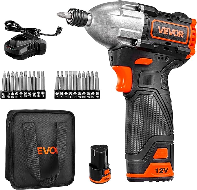VEVOR Impact Driver, 1/4 Inch, 3000 RPM Max Speed, 12 V Brushless Motor, Electric Cordless Impact Driver Kit with Battery and Charger, 20 Bits, LED Work Light, for Furniture, Electrical, Home Repairs