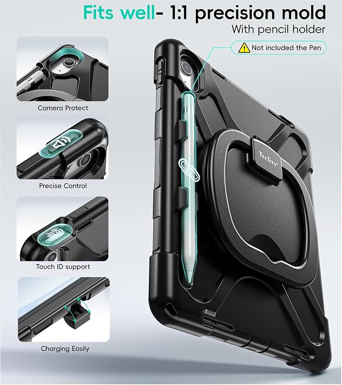 Case for iPad (A16) 11th/10th Generation - 2025/2022 (11″/10.9″) | 4 Layers Drop Protection iPad Case with Screen Protector 360° Rotating Stand Shoulder Strap Pencil Holder Black