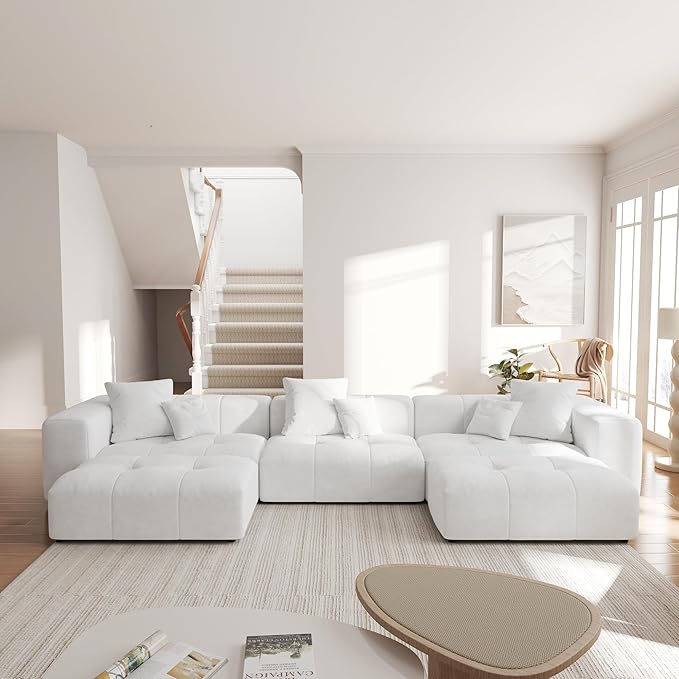 JACH 144.1 Inch U-Shaped Modular Sofa, Mid Century Modern Deep Seat Sectional Couch, 3-Seater Sofas with Chaise Ottomans for Living Room, Cozy Sofas for Apartment, Living Room (Linen Fabric, White)