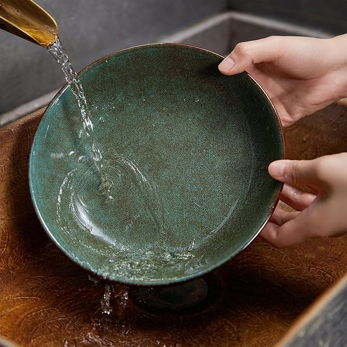 Stoneware Pasta Bowls Set of 6, 8.75 Inch Ceramic Bowl Set 32 Oz, Microwave & Dishwasher Safe Bowl Plates, Large Salad Bowl for Serving Soup, Pasta, Noodle, Dinner, Brown Green