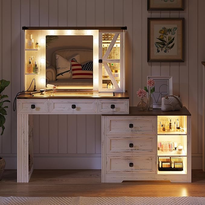 Farmhouse Vanity Desk Set with Mirror and Lights, Makeup Vanity Table with 6 Drawers/Large Storage, White Dressing Table 3 Colors Adjustable Lighting Brightness & Charging Station for Women