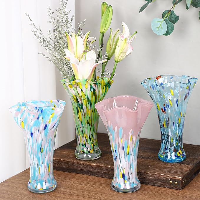 9.0"H Green Glass Vases for Flowers, Unique Hand Blown Glass Vase Green Gold Home Decor, Wide Mouth Colorful Flower Vase Centerpieces, For Living Room Table Bookshelf, Bathroom Office Shelf Decorative