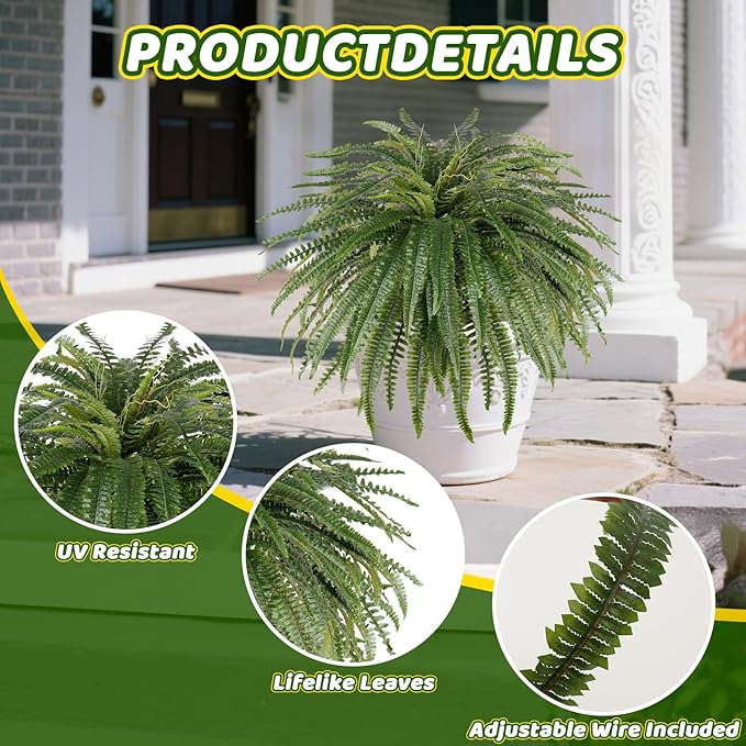 46" Artificial Fern Plants, Set of 2 Large Fake Ferns for Outdoors Indoor, Realistic Faux Boston Fern Bush with 71Fronds Each for Planter, Garden, Porch, Home Décor
