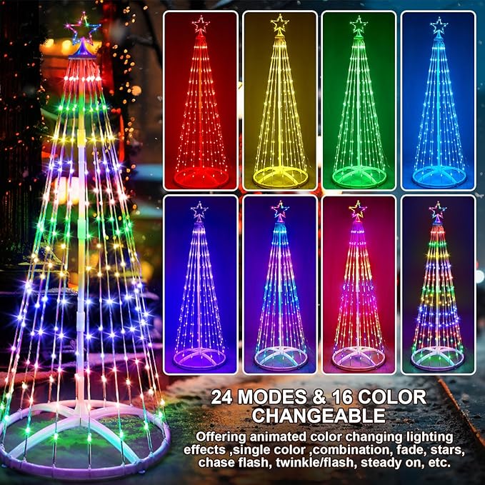 4 Pack 4/5/6/7 ft Christmas LED Cone Tree Lights Outdoor Decorations 24 Modes Color Changing with Timer Foldable Lighted Yard Trees Waterproof String Lights Holiday for Christmas New Year Xmas