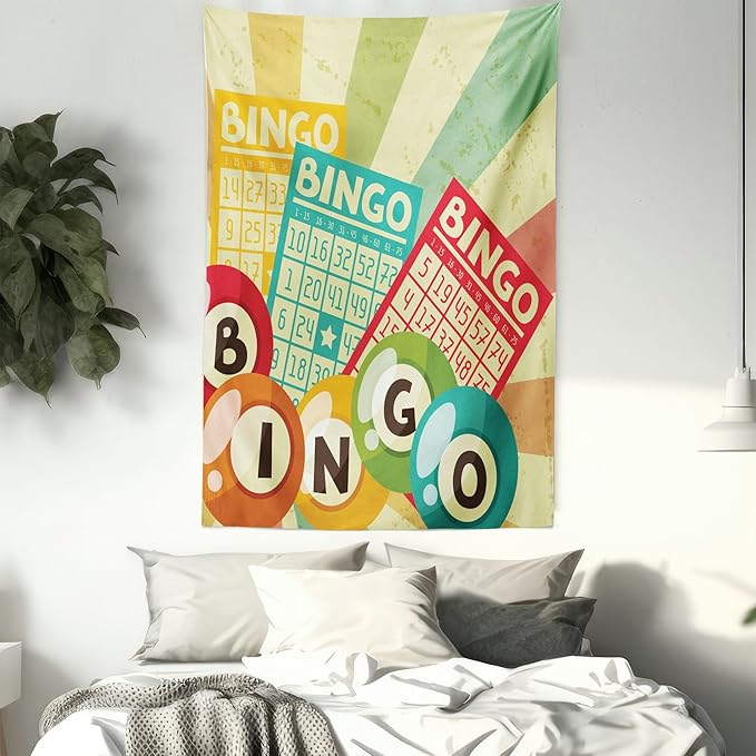 Ambesonne Vintage Tapestry, Bingo Game with Ball and Cards Pop Art Lottery Hobby Celebration Theme, Wall Hanging for Bedroom Living Room Dorm Decor, 40" X 60", Teal Multicolor