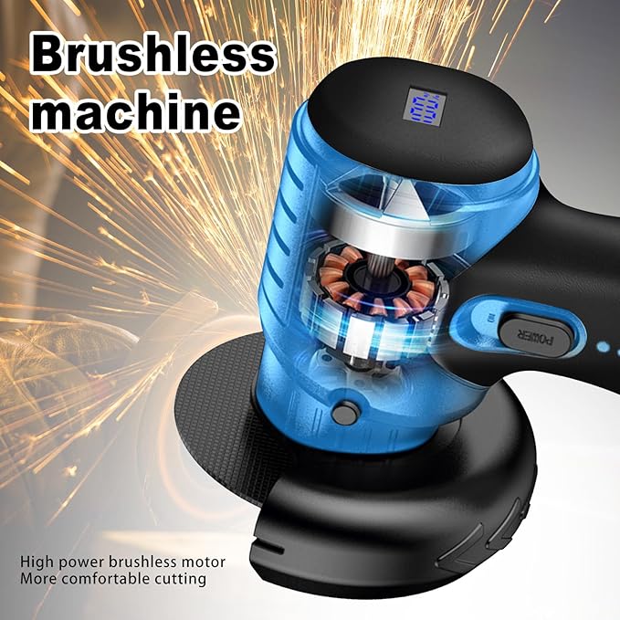 Brushless Cordless Angle Grinder Kit, 19500rpm Mini Electric Angle Grinding Tool with 2x16.8V 2000mAh Battery and 6-Cutting Discs, Grinder Handheld Cutter for Metal Wood