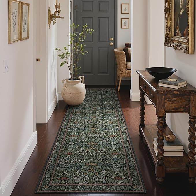 GENIMO Floral Washable Runner Rug 2’6”x10’, Non-Slip Long Hallway Carpet for Entryway, Kitchen, Indoor Floor Use, Vintage Boho Soft Thin Rug Décor, Dark Green