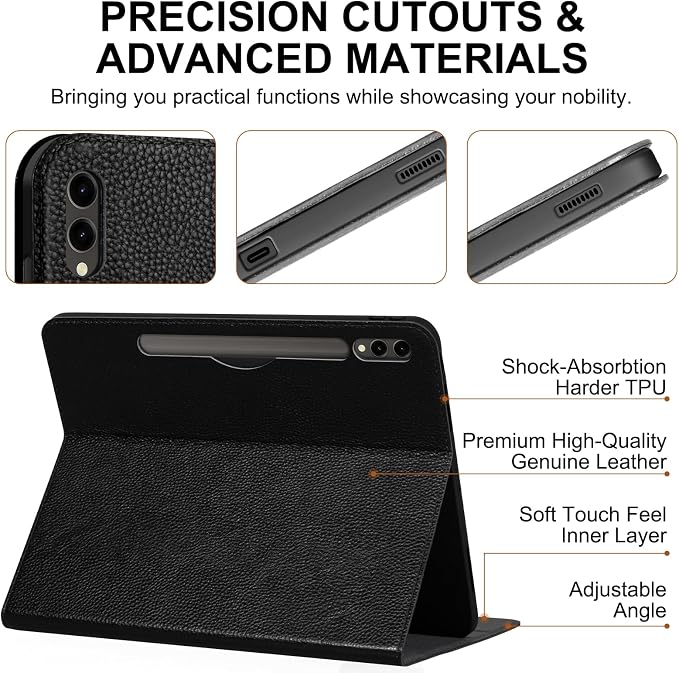 Genuine Leather Case for iPad 11th Gen 11/10th Gen 10.9 Black | Pencil Holder Adjustable Stand Auto Wake/Sleep Shockproof