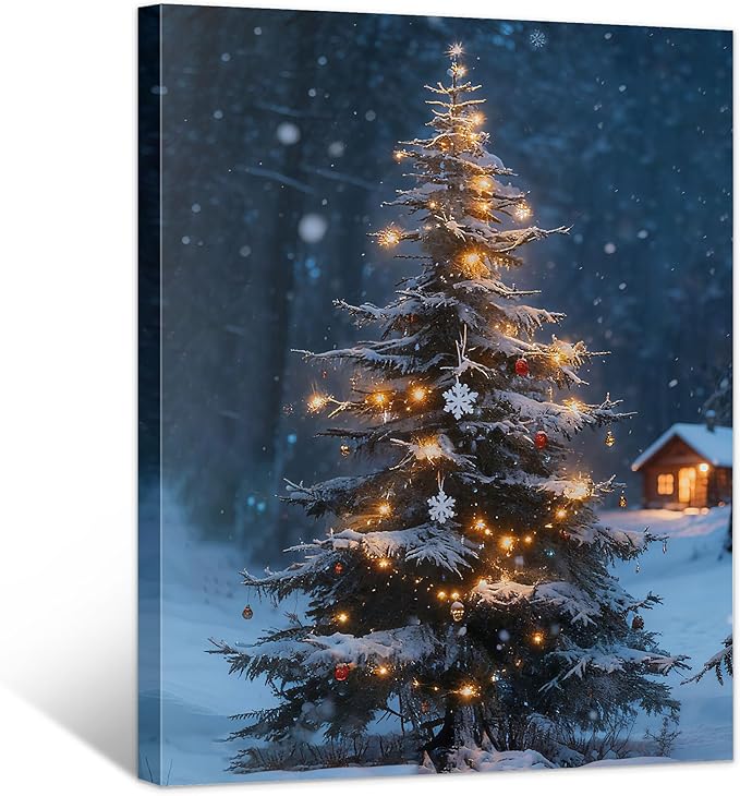 Framed Christmas Pictures Wall Decor,Vintage Pine Tree Prints,Winter Christmas Canvas Wall Art Decoration for Bedroom Bathroom Living Room Rustic Xmas Holiday Gifts (Christmas Tree 19, 12'' X 16'')