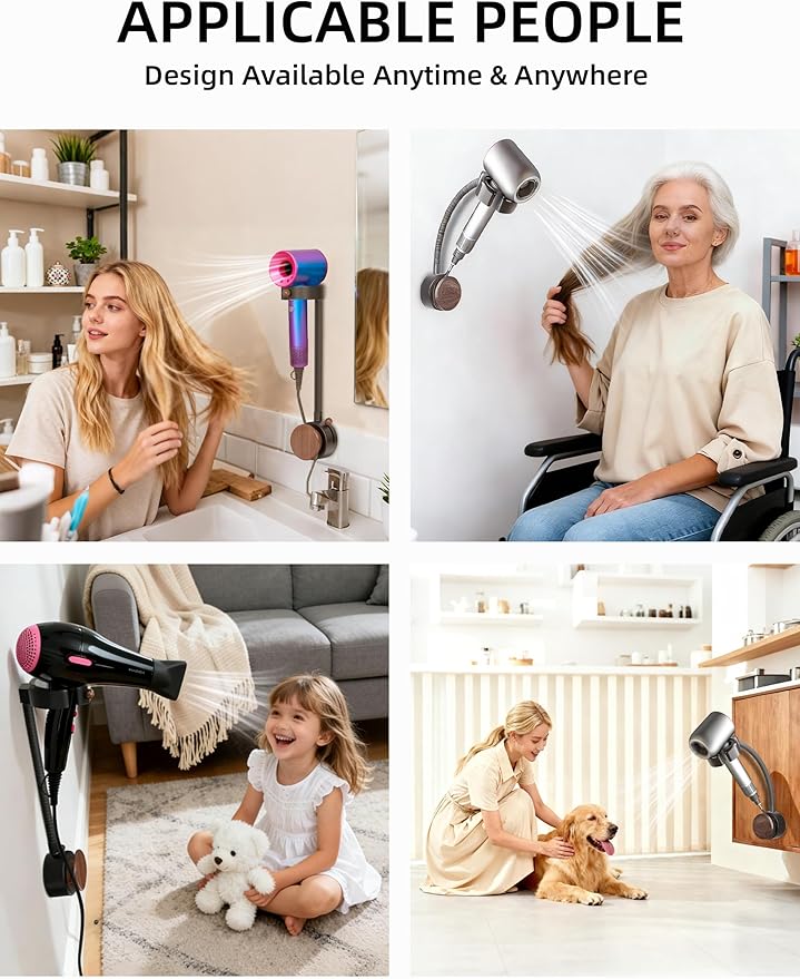 Hands Free Hair Dryer Holder Wall Mounted with Suction Cup, No Drill Installation for Damage-Free Walls, 360° Adjustable Blow Dryer Holder Fits Most Hair Dryers for Bathroom Organization1 Pack(Black)