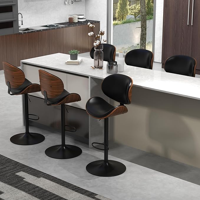 civama Bar Stools Set of 3 for Kitchen Counter, Adjustable Bar Height Chairs, Modern Swivel Barstools with Bentwood Seat and Back with Footrest, for Kitchen Island, Dining Room, Black PU Leather