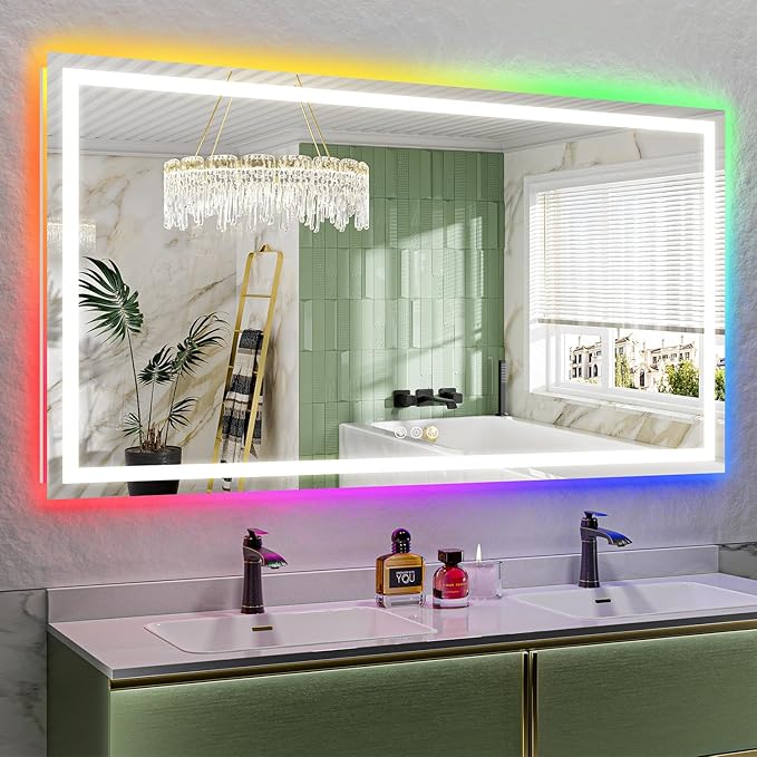 YEELAIT 68x38 Inch RGB LED Bathroom Mirror Front Light and RGB Backlit Lighted Vanity Mirror for Bathroom Wall Mounted Dimmable Anti Fog Memory Shatter-Proof IP54 Waterproof Horizontal/Vertical