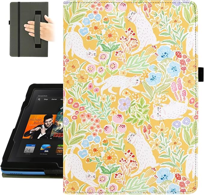 Fancity Case for Kindle Fire HD 10/10 Plus 13th/11th Generation 2023/2021 | Premium PU Leather Protective Case with Adjustable Angles Auto Wake/Sleep Hand Strap for Fire HD 10/10 Plus Black Floral