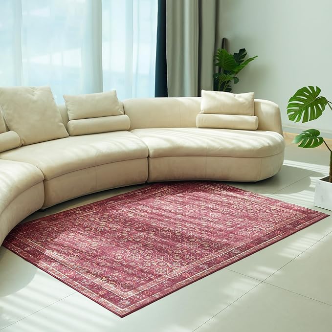 6x9 Soft Washable Area Rugs for Living Room and Bedroom, Non-Slip Stain Resistant Indoor Carpet, Cozy Floor Mat for Dining Room, Office, Under TableStain Resistant Persian red Floral