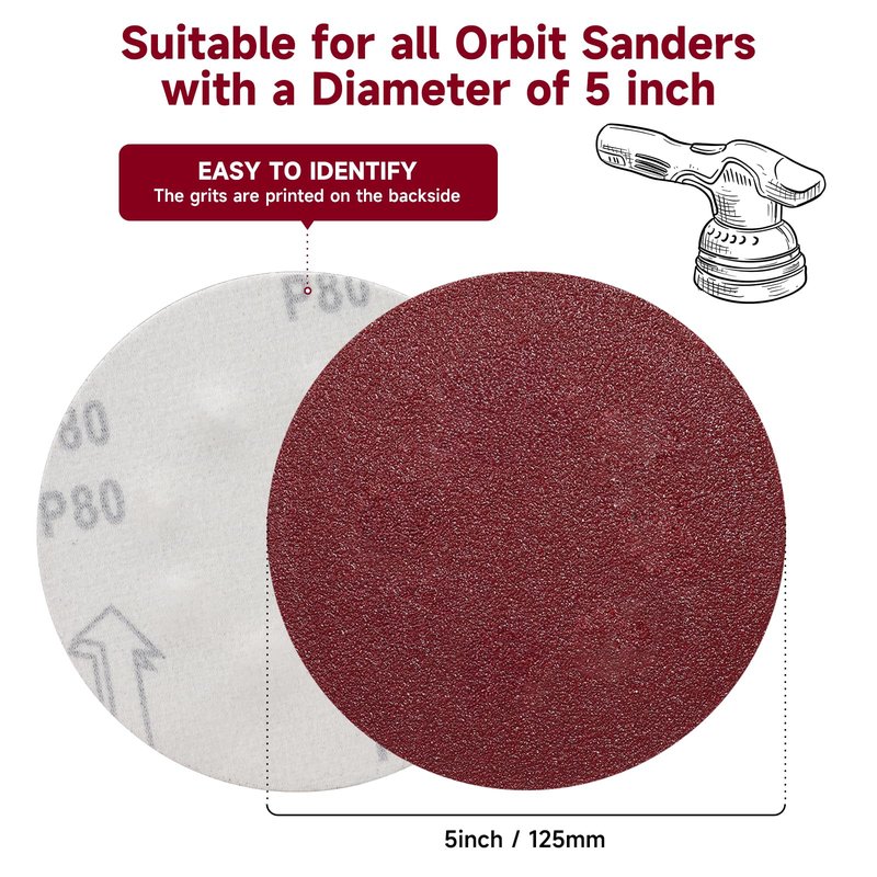POTUINOM 5 Inch No Hole Sanding Disc 80 Grit,Hook and Loop Sand Paper for Random Orbital Sander 100 PCS