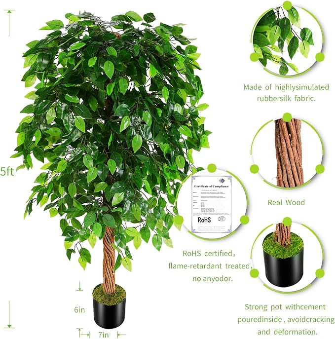 5ft Artificial Ficus Silk Tree (60in) with Plastic Nursery Pot Faux Tree, Fake Plant for Office House Farmhouse Living Room Home Decor (Indoor/Outdoor)