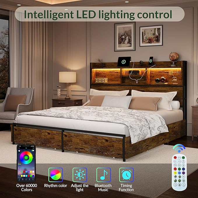 LARMACE Queen Size Bed Frame with 6 Storage Drawers and Headboard Wooden Platform Bed Frame with LED Lights and Charging Station Easy Assembly/No Box Spring Needed/Vintage Brown