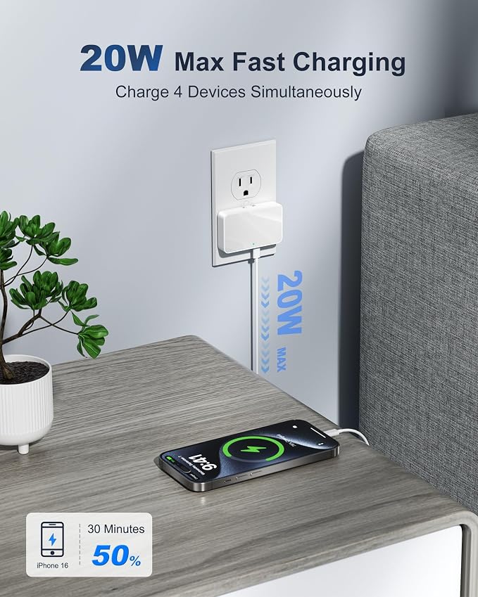 USB C Wall Charger Super Thin Flat USB Wall Plug with 4 Ports Fast Charging USB Plug Adapter with PD20W for Home and Travel (Blue)