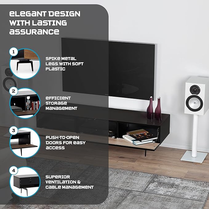 SONOROUS ST-360 Premium TV Stand for Living Room – Modern TV Stands & Entertainment Center with Storage – Black Glass & Walnut Wood Cover – Luxury Media Console with Metal Legs for TVs up to 75 inches