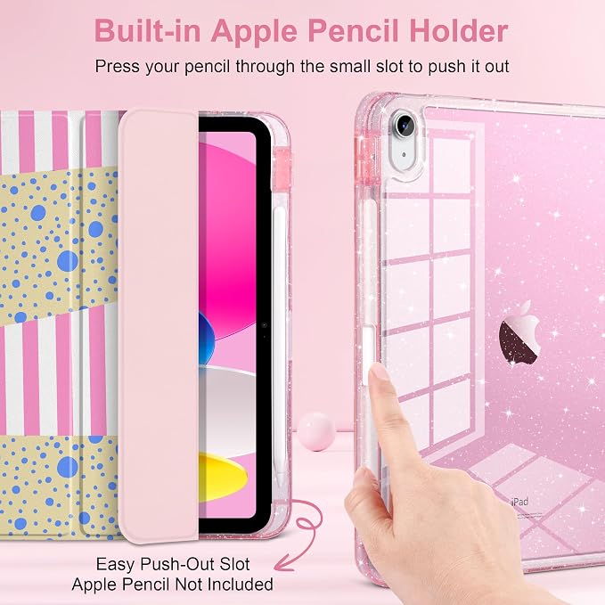 MEEgoodo Case for iPad A16 11th Generation 2025/10th Generation 2022 Glitter Tablet Cases with Transparent Acrylic Back+Trifold Stand +Pencil Holder+Auto Wake/SleepAbstract Sun &amp Palm Tree