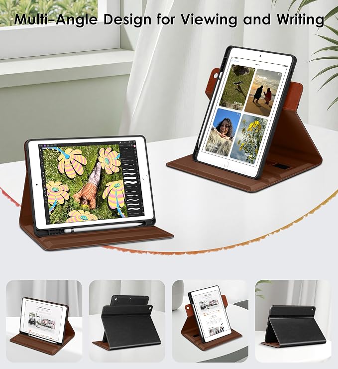 DTTO for iPad 9th/8th/7th Gen Case 10.2 Inch (2021/2020/2019) Brown | 360 Degree Rotating Premium Faux Leather Folio Stand Cover with Pencil Holder Auto Sleep/Wake Multiple Angles Hand Strap