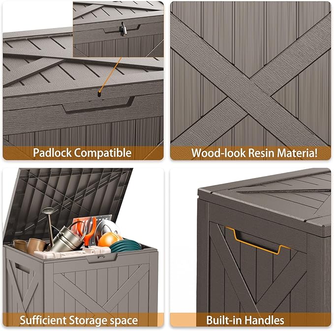 Vixzen 32 Gallon Resin Deck Box - Lockable Outdoor Storage for Patio Cushions, Garden Tools, Pool Supplies，Grey
