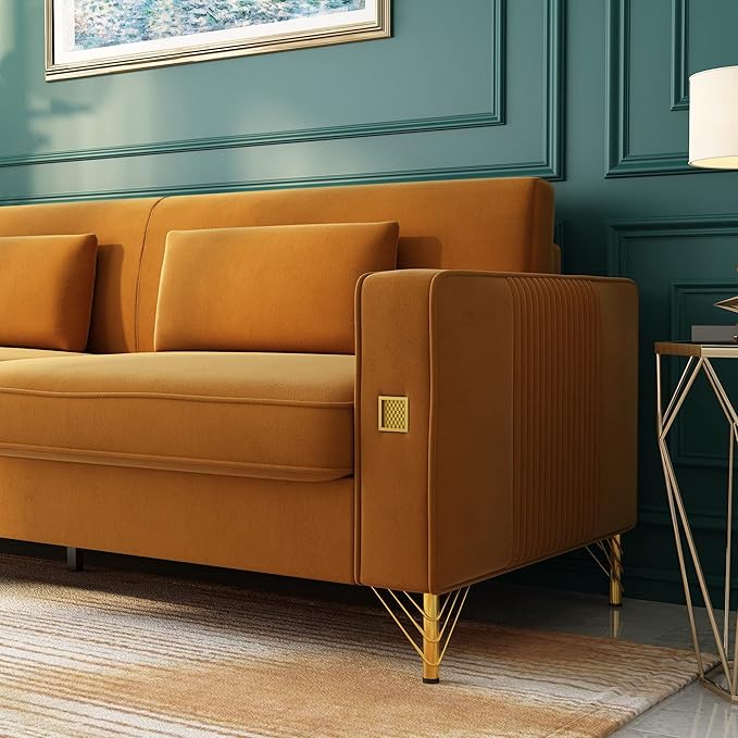 85.63" Velvet Sofa,Modern Loveseat Couch with Pillows Set of 2 for Living Room,Bedroom,Apartment Furniture with Gold Metal Legs (Orange)