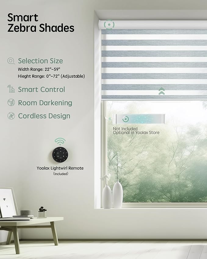 Yoolax Motorized Blinds with Remote, Electric Zebra Blinds for Indoor Windows, Room Darkening Smart Shades with Voice Control, Compatible with Alexa Google Home, APP Control, 38" W x 72" H, Grey