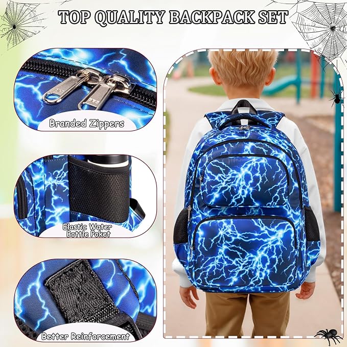 Kids Backpack Boys Lightning Backpack with Lunch Box Kindergarten Elementary Middle School Travel Sport Blue Bookbag for Boys Ages 4-14, Flash Lightning-Blue