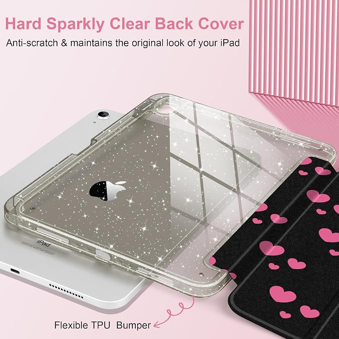 MEEgoodo Case for iPad A16 11th Generation 2025/10th Generation 2022 Glitter Tablet Cases with Transparent Acrylic Back+Trifold Stand +Pencil Holder+Auto Wake/SleepAbstract Sun &amp Palm Tree