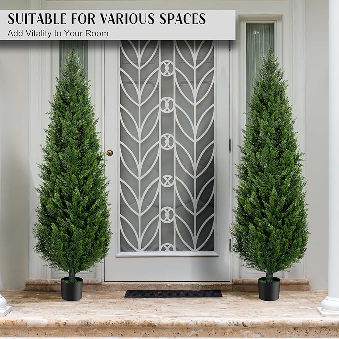 6FT Artificial Cedar Topiary Trees Set of 2，72 Inch Tall UV Protection Fake Cypress Trees for Outdoors, Realistic Potted Pine Plants for Patio, Porch, Home, Doorway Decor
