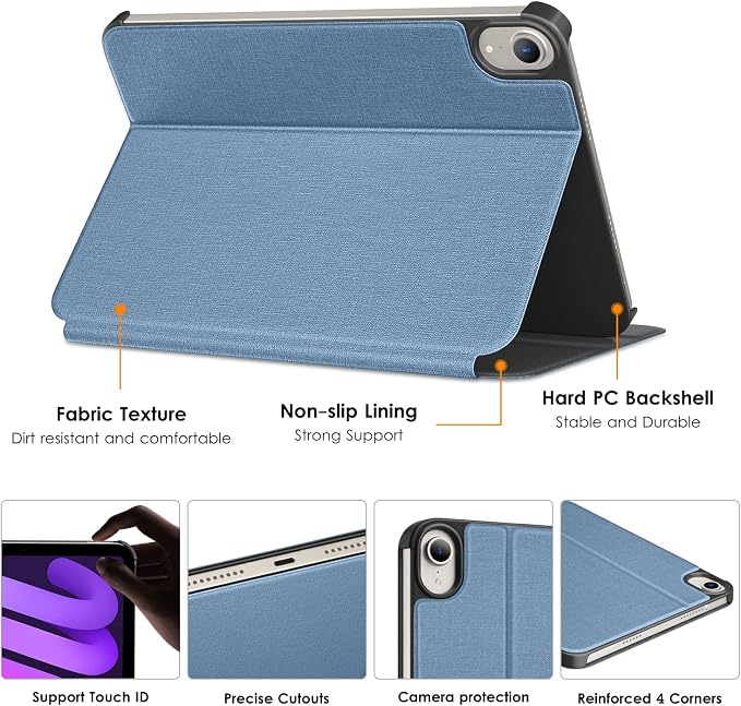 DTTO Case for iPad mini 7 (A17 Pro) 2024 iPad mini 6th Generation 2021 Fabric Texture Hard Back Cover iPad mini 7/6 Case 8.3 Inch with Auto Wake/Sleep Support Apple Pencil Charging Light Blue