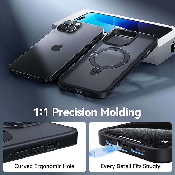 CASEKOO Designed for iPhone 15 Case with Magnetic Invisible Stand [Military Drop Protection] [Compatible with MagSafe] Shockproof Slim Translucent Matte Case 6.1 Inch, Black