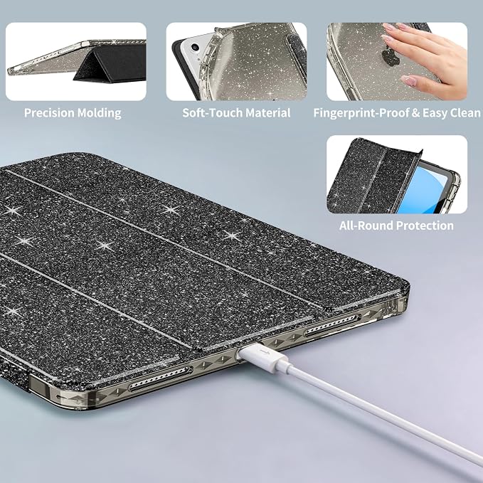 Case for iPad Air 11-inch (M4 2026/ M3 2025/ M2 2024)&amp 10.9-inch (5th/ 4th Gen) 2022/2020 Glittering Sparkly Slim Stand Cover with Clear Back Pencil Holder&amp Shockproof Protection (Black)