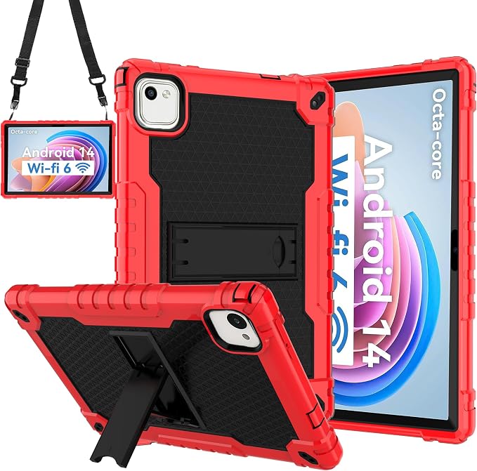 for HNVHNV/Aiprotablet/kelankeke K10 Tablet 10 inch Android Tablets Case Built in Kickstand Heavy Duty Hybrid Protective Case Hard Back Shell Case with Shoulder Strap (Black)