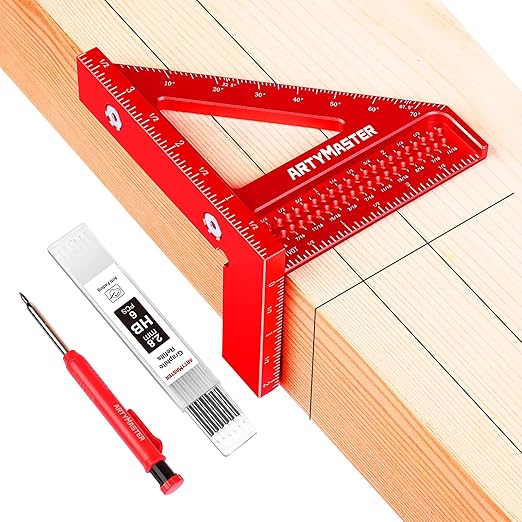 3.8＂Mini 3D Multi-Angle Measuring Square Ruler, WT102A High Precision Hole Scribing Woodworking Tools, 0-90° Aluminum Alloy Carpenter Square Wood Working Tools, Carpenter Pencils 6 Refills.