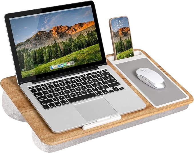 LAPGEAR Home Office Lap Desk with Device Ledge, Mouse Pad, and Phone Holder - Oak Woodgrain - Fits up to 15.6 Inch Laptops - Style No. 91589