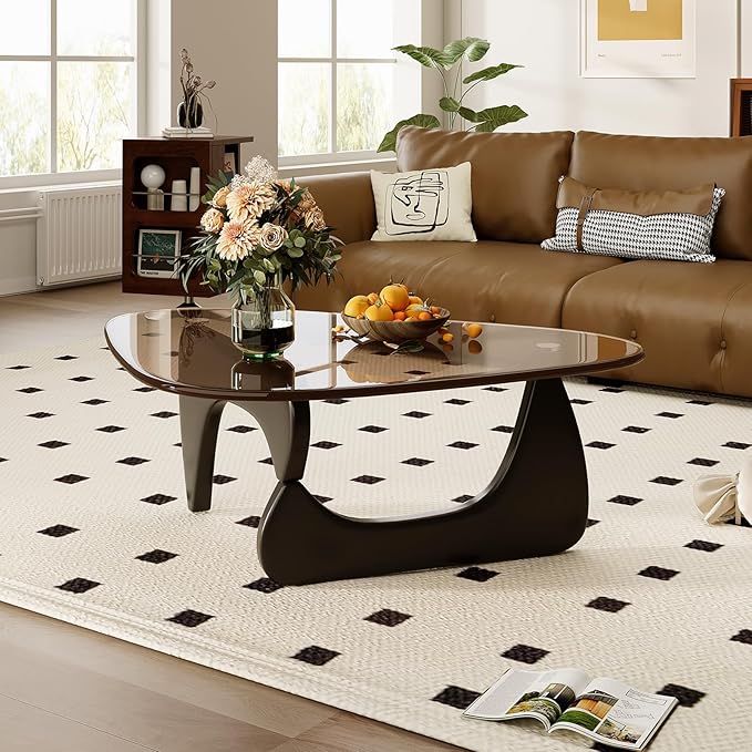 Coffee Table for Living Room Mid Century Modern Center Table with Glass Top and Wood, Brown/Black