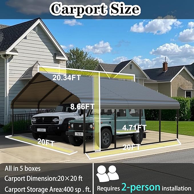 20x20 FT Heavy Duty Metal Carport with Galvanized Steel Roof & Frame - All-Weather Portable Garage Shelter for 2 Cars, Safe Boat Cover & Yard Protection