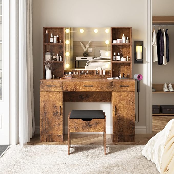 Vabches Makeup Vanity Desk with Lighted Mirror & Power Strip, Large Brown Vanity Table Set Rustic Farmhouse Style with Lots of Storage, 3 Lighting Modes, Brightness Adjustable, 45.2in (W)