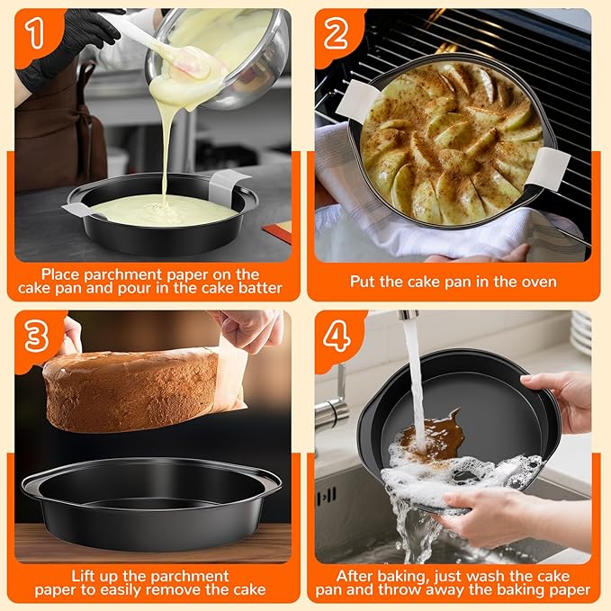 AltarreT 8 Inch Round Cake Pan with Handle, 3PCS Nonstick Cake Pans with 100 PCS Parchment Paper