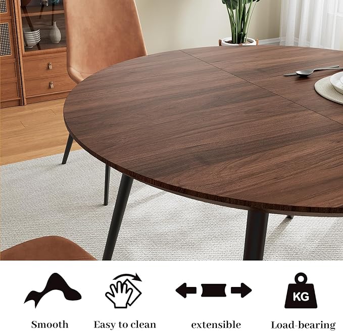 43.3"-59.1" Extendable Round Dining Table Set for 6, Mid Century Modern Wooden Round Table, Leisure Coffee Table,w/ 6 PU Leather Chairs