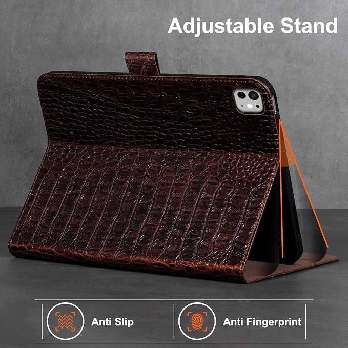 Gexmil Leather Case for iPad Pro 13 Inch M5/M4 2025/2024Crocodile Brown | Genuine Leather Cover with Magnetic ClosureSmart Folio Auto Sleep/WakeProtective ShockproofAdjustable Stand