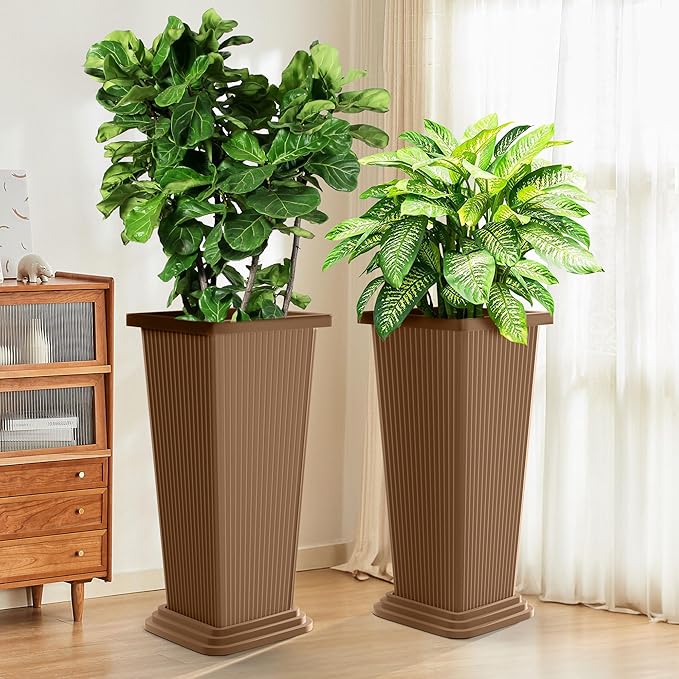 Set of 2 Tall Planters, 24" Large Indoor Outdoor Flower Pots with Tray, Modern Tapered Planters for Porch, Patio, Garden, Backyard