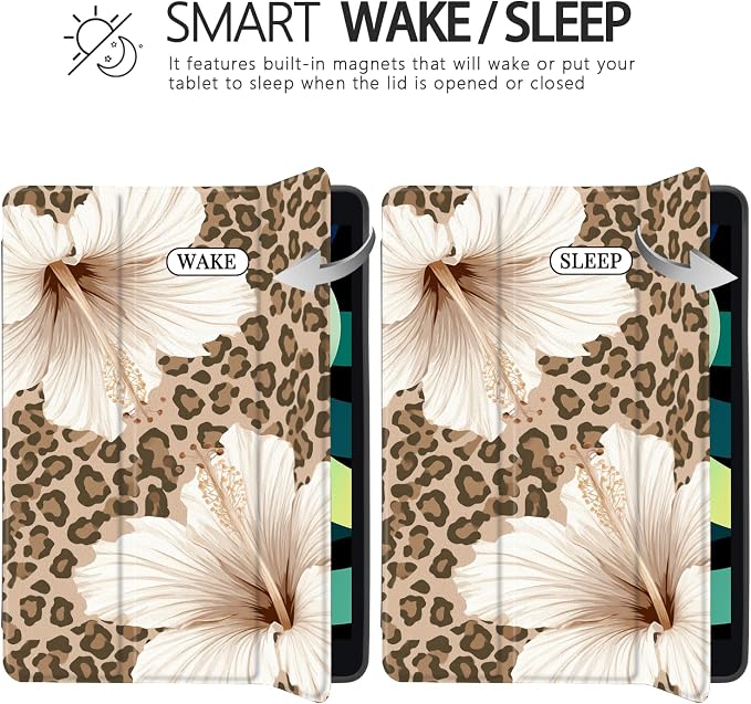 Joyland Brown Leopard Floral for iPad 6th/5th Generation 9.7 Inch 2018/2017Air 2/Air 1 CaseBuilt-in Pencil Holder with Shockproof Cover Transparent Back Shell Auto Wake/SleepBlack