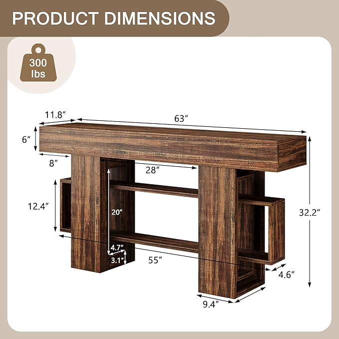 63 Inch Long Console Table for Entryway, Farmhouse Wooden Sofa Table Behind Couch with 3-Tier Storage Shelf, Narrow Entry Accent Table for Living Room, Hallway, Foyer, Rustic Brown