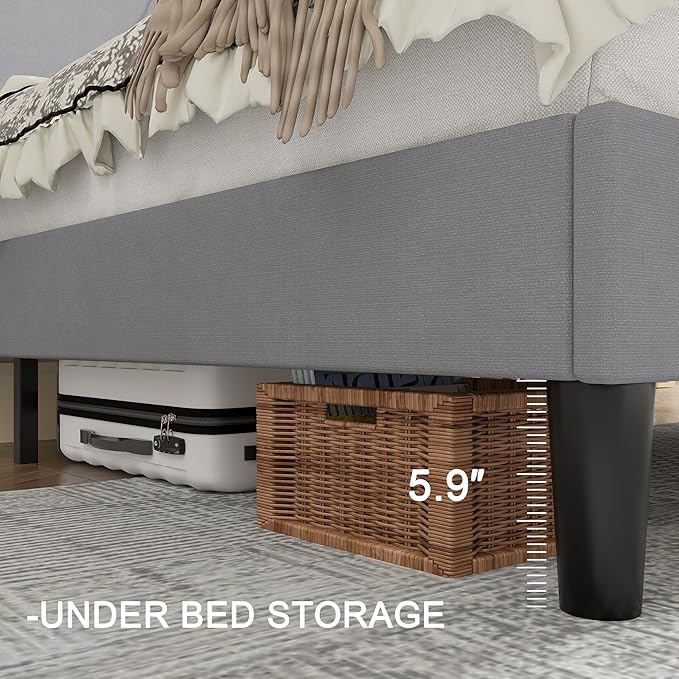 VECELO Queen Bed Frame with Upholstered Wingback Headboard, Heavy-Duty Platform Bedframe with Charging Station, Wooden Slats, No Box Spring Needed, Light Grey