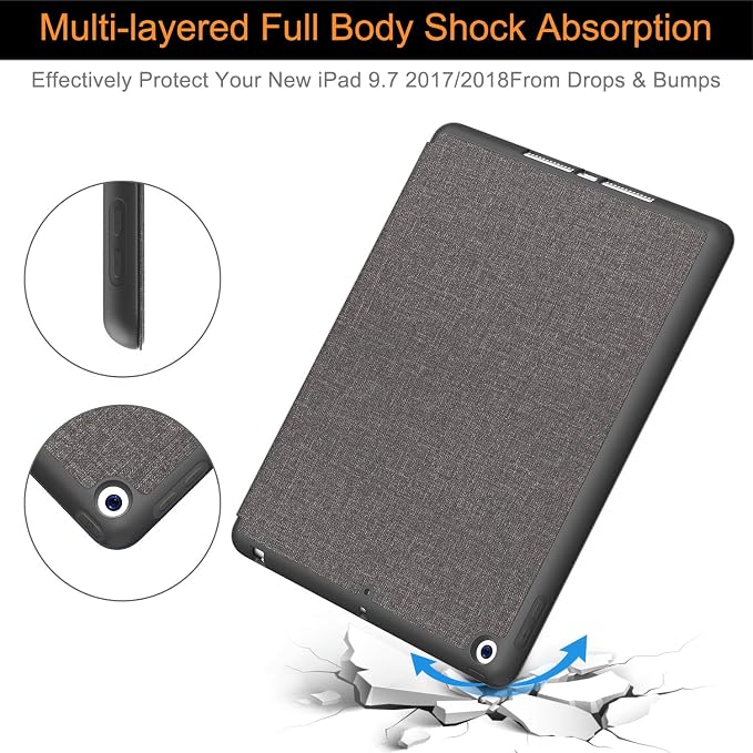 Soke Case Fits for iPad 6th/5th Generation with Pencil Holder - [Full Body Protection + Auto Wake/Sleep] Shockproof Soft TPU Back Cover for Apple iPad 9.7 inch 2018/2017 Black