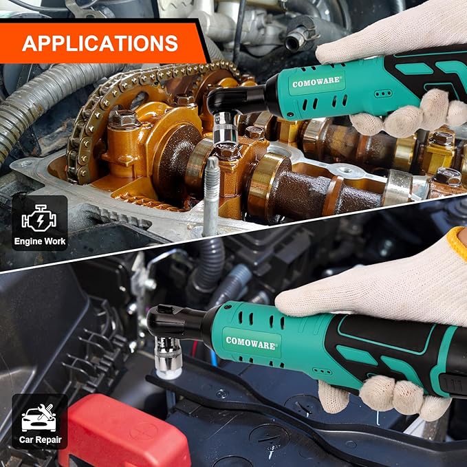 COMOWARE 3/8 Cordless Electric Ratchet Wrench Kit, 40ft-lbs Torque, 12V Power, 8 Sockets, LED Light, Fast Charger, Ergonomic Design